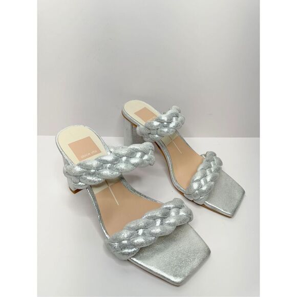 Dolce Vita Sandals Womens Size 6 Silver Slip On Braided Square Toe Heels - Picture 2 of 10